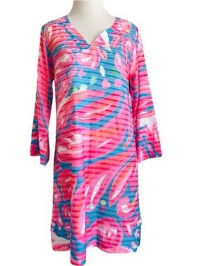 Whimsy Rose Pink & Blue Printed Tunic Dress Shift Cover-Up Medium Coastal Summer